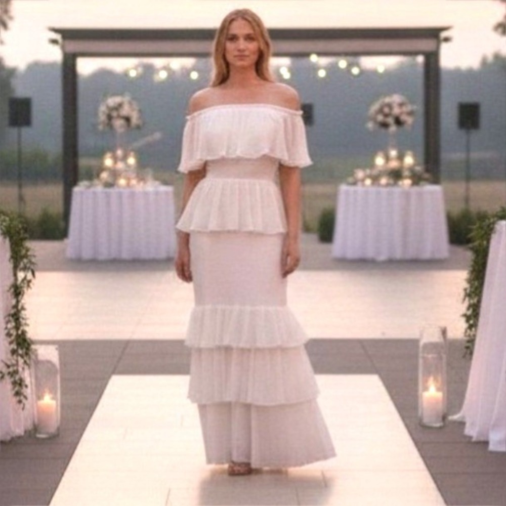 NWT Olivia Mark White Strapless Pleated Tiered Ruffle‎ Smocked Maxi Dress Sz M